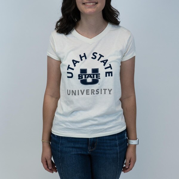 Women's, Champion, V-Neck, Utah State University, U-State, White, Short-Sleeve, T-Shirt